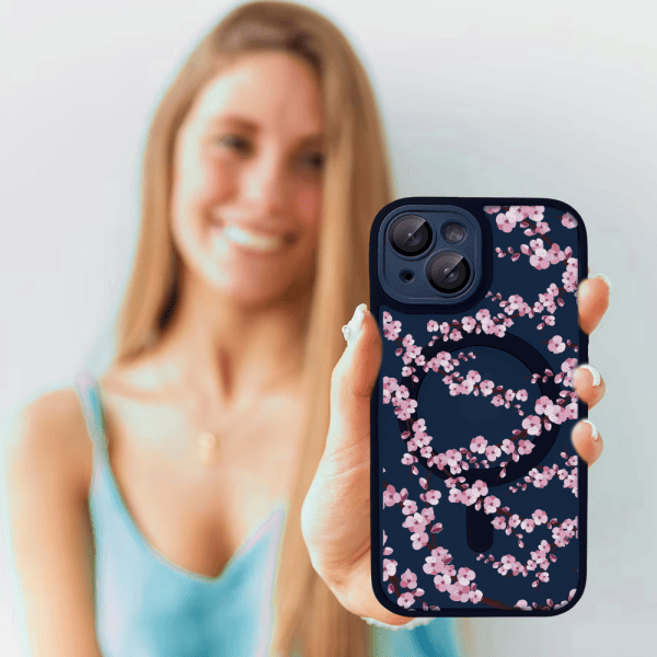 etui do iphone 13, color flush z magsafe, z osłoną aparatu, z nadrukiem sakura, kwiat wiśni, granatowe