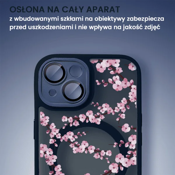 Etui do iPhone iPhone 15, Color Flush z Magsafe, z osłoną aparatu, z nadrukiem sakura, kwiat wiśni, granatowe