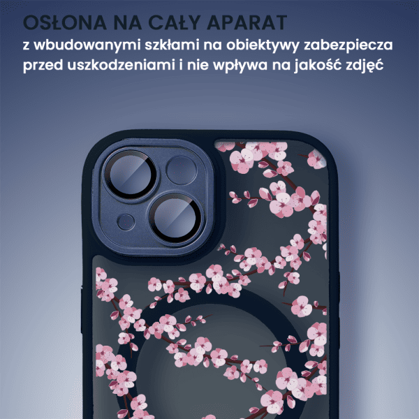 etui do iphone 13, color flush z magsafe, z osłoną aparatu, z nadrukiem sakura, kwiat wiśni, granatowe
