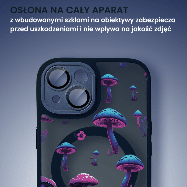 Etui do iPhone 15 Color Flush z Magsafe, z osłoną aparatu, z nadrukiem magiczne grzybki, granatowe