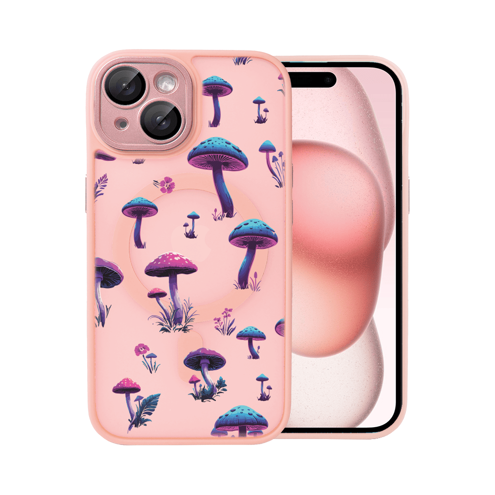 Etui do iPhone 15 Color Flush z Magsafe, z osłoną aparatu, z nadrukiem magiczne grzybki, różowe