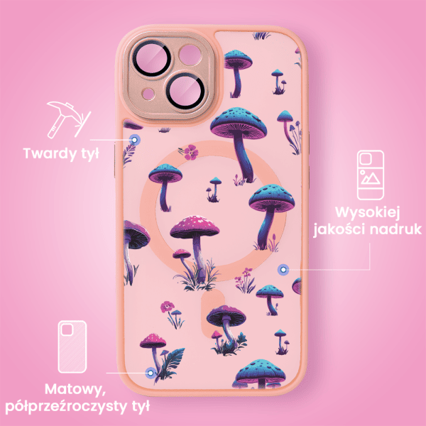 Etui do iPhone 15 Color Flush z Magsafe, z osłoną aparatu, z nadrukiem magiczne grzybki, różowe