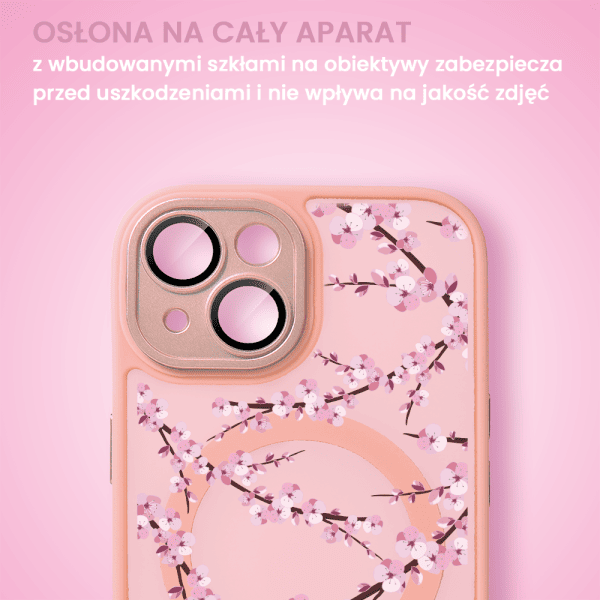 etui do iphone 13, color flush z magsafe, z osłoną aparatu, z nadrukiem sakura, kwiat wiśni, różowe