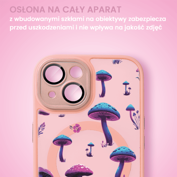 Etui do iPhone 15 Color Flush z Magsafe, z osłoną aparatu, z nadrukiem magiczne grzybki, różowe