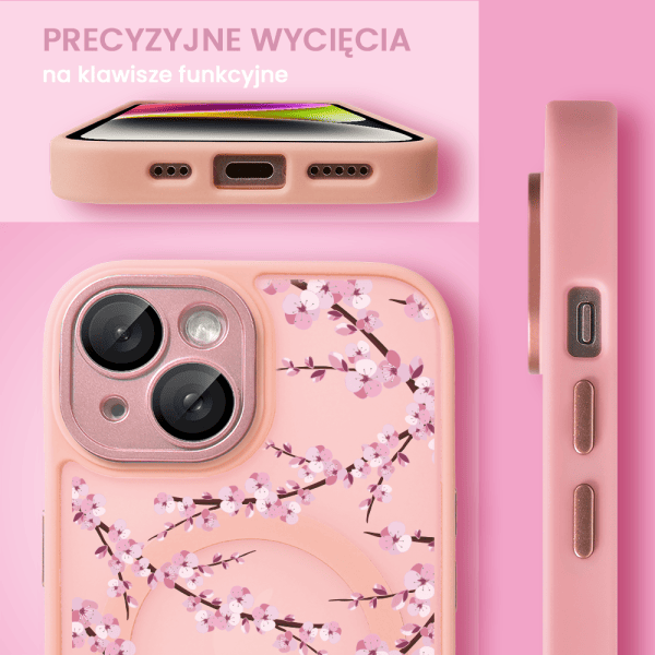 Etui do iPhone 14, Color Flush z Magsafe, z osłoną aparatu, z nadrukiem sakura, kwiat wiśni, różowe