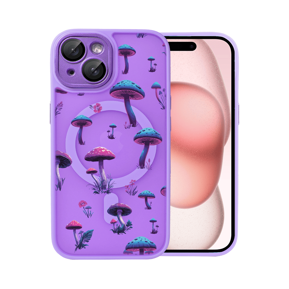 Etui do iPhone 15 Color Flush z Magsafe, z osłoną aparatu, z nadrukiem magiczne grzybki, fioletowe