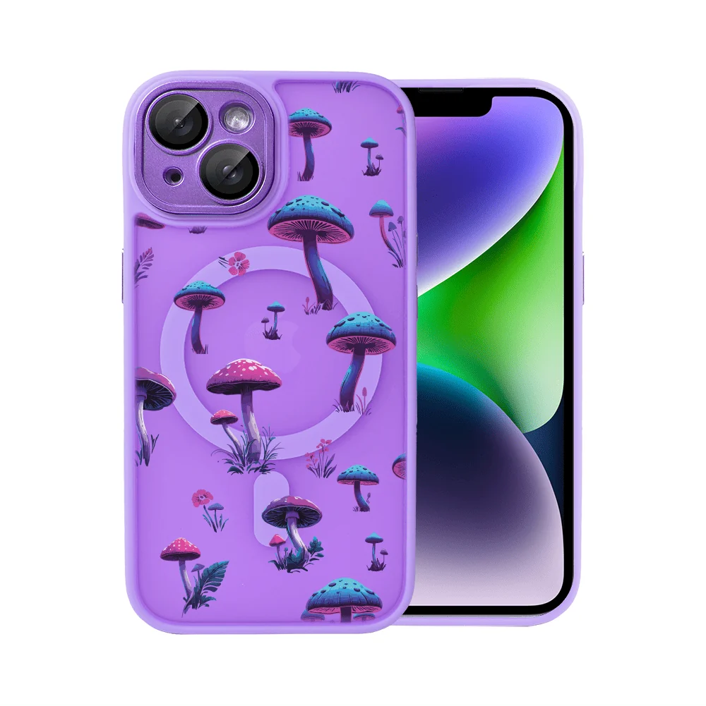 etui do iphone 14 color flush z magsafe, z osłoną aparatu, z nadrukiem magiczne grzybki, fioletowe