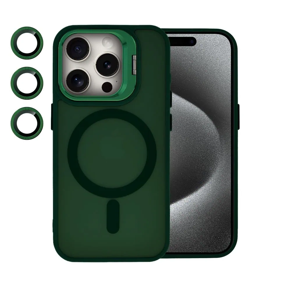 etui do iphone 15 pro arctic stand, półprzeźroczyste, z osłoną aparatu i podstawką, zielone