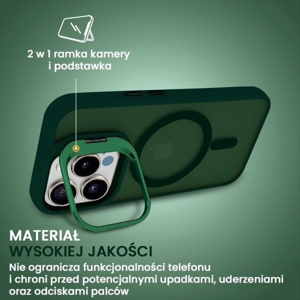 etui do iphone 15 pro arctic stand, półprzeźroczyste, z osłoną aparatu i podstawką, zielone