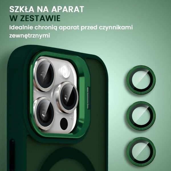 etui do iphone 15 pro arctic stand, półprzeźroczyste, z osłoną aparatu i podstawką, zielone