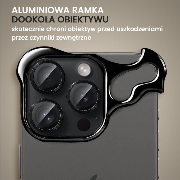 bumper do iphone 15 pro max, bumper set, metalowa osłona rogów oraz aparatu, czarne