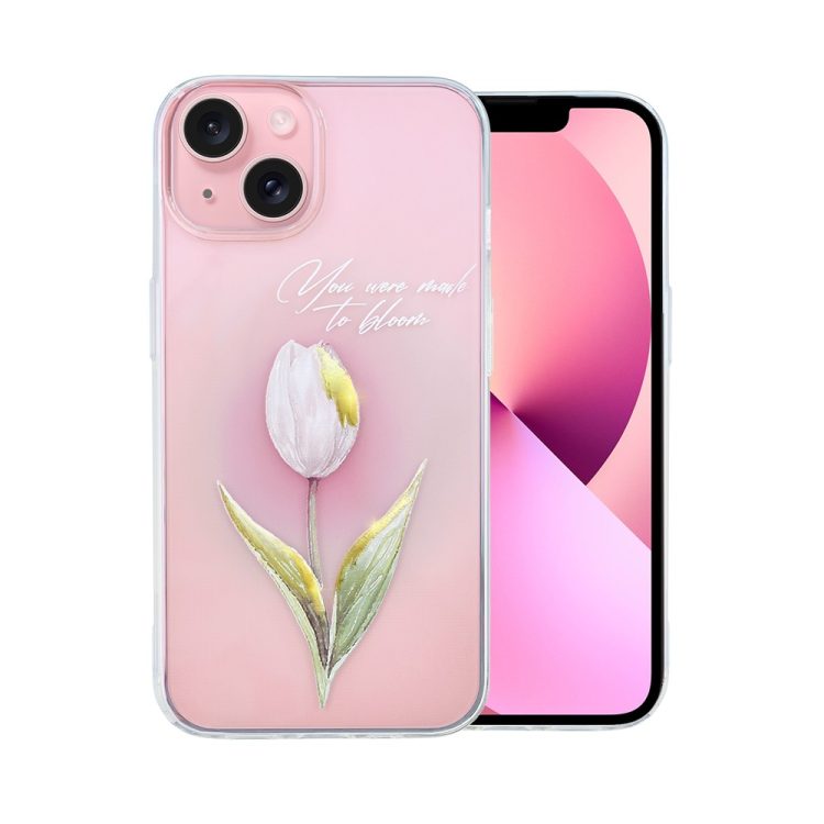 etui do iphone 13, przeźroczyste, tulipan ze złocistym zdobieniem i napisem