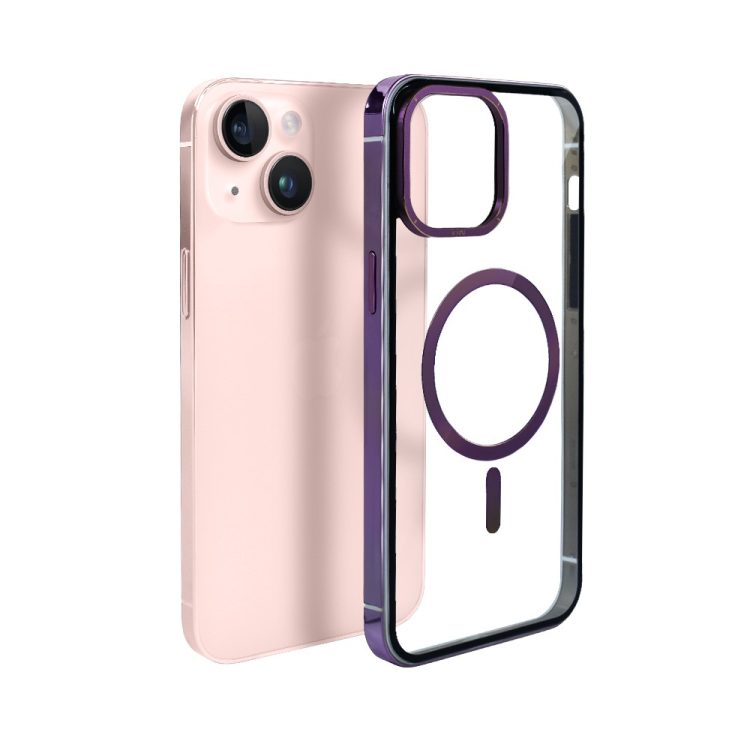 etui do iphone 13, ibizu elite skin cam ring, krystalicznie czyste z metalową ramką, fioletowe z magsafe