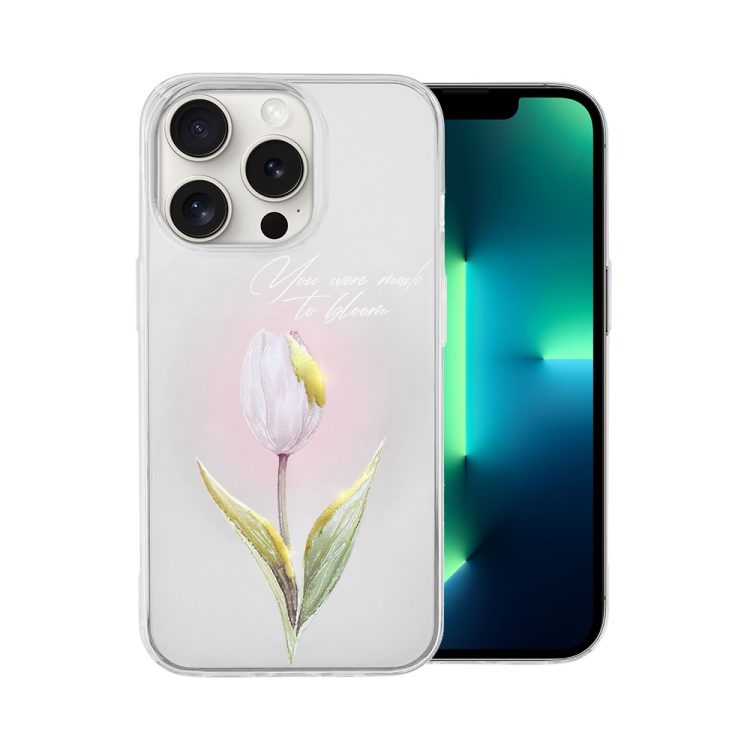 etui do iphone 13 pro, przeźroczyste, tulipan ze złotym zdobieniem i napisem