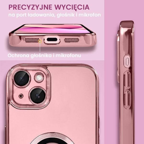 etui do iphone 13 cienkie, eleganckie, z osłoną aparatu i widocznym logo, różowe