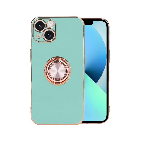 etui do iphone 13 eleganckie, ze złotym metalowym uchwytem i zdobieniami, z osłoną na aparat, miętowe (outlet)
