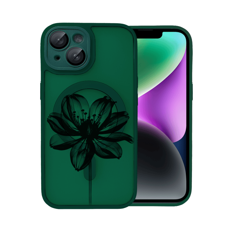 etui do iphone 14 color flush z magsafe, z osłoną aparatu, z nadrukiem czarny kwiat, ciemna zieleń