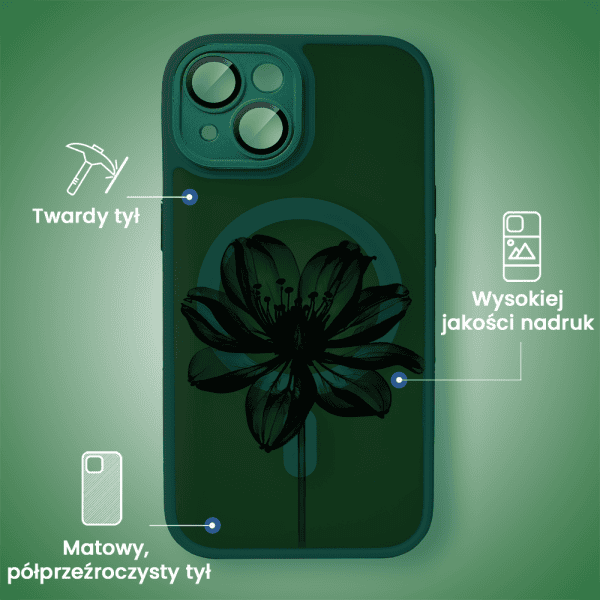 etui do iphone 14 color flush z magsafe, z osłoną aparatu, z nadrukiem czarny kwiat, ciemna zieleń