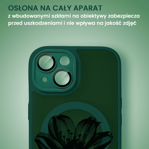 etui do iphone 14 color flush z magsafe, z osłoną aparatu, z nadrukiem czarny kwiat, ciemna zieleń