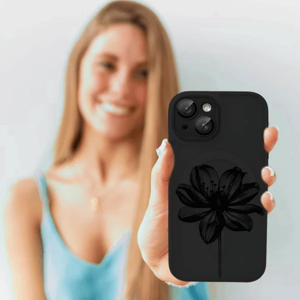 etui do iphone 14 color flush z magsafe, z osłoną aparatu, z nadrukiem czarny kwiat, czarne