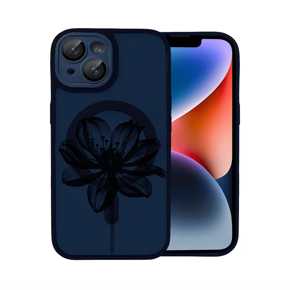 etui do iphone 14 color flush z magsafe, z osłoną aparatu, z nadrukiem czarny kwiat, granatowe