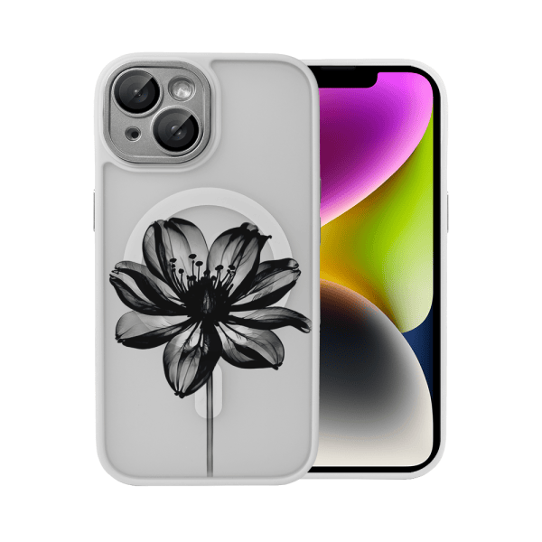 etui do iphone 14 color flush z magsafe, z osłoną aparatu, z nadrukiem czarny kwiat, tytanowe