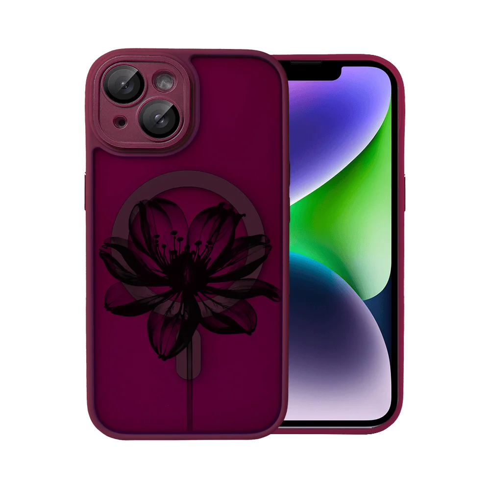 etui do iphone 14 color flush z magsafe, z osłoną aparatu, z nadrukiem czarny kwiat, wiśniowe