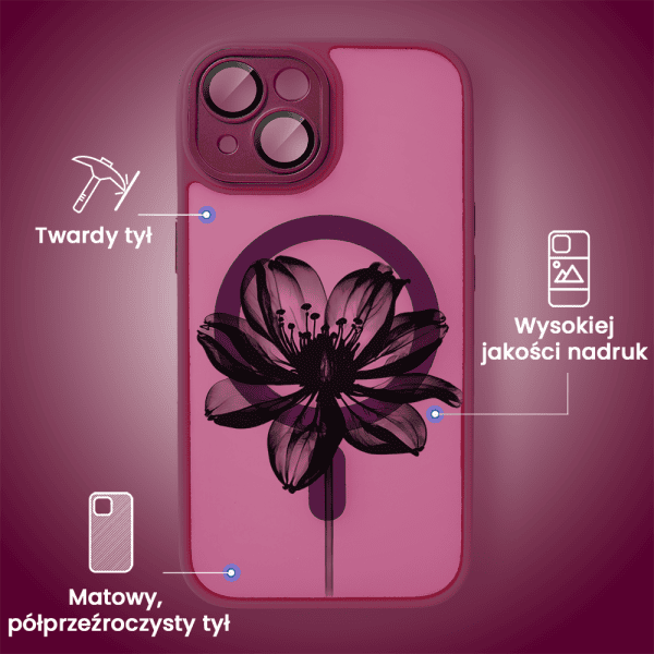 etui do iphone 14 color flush z magsafe, z osłoną aparatu, z nadrukiem czarny kwiat, wiśniowe