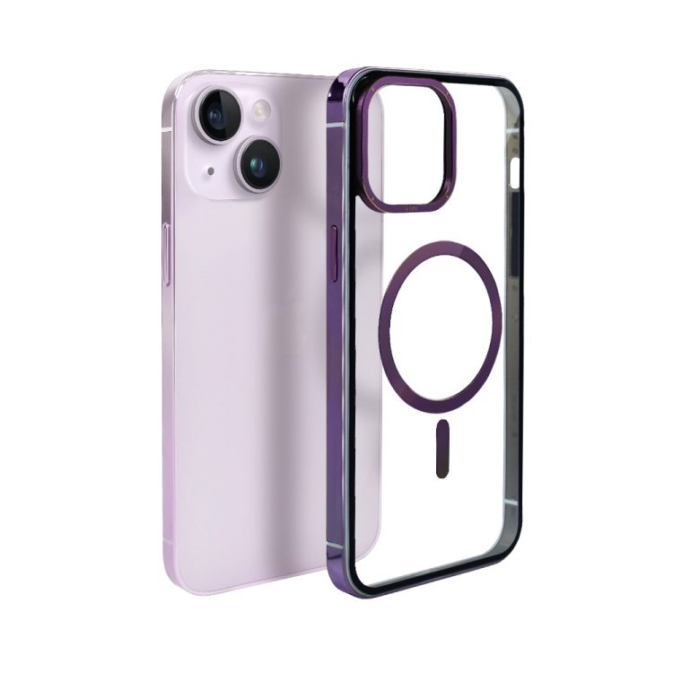 etui do iphone 14, ibizu elite skin cam ring, krystalicznie czyste z metalową ramką, fioletowe z magsafe