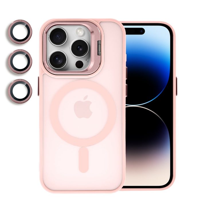 etui do iphone 14 pro arctic stand, półprzeźroczyste, z osłoną aparatu i podstawką, różowe