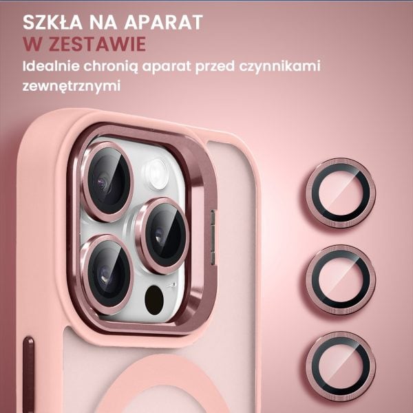 etui do iphone 14 pro arctic stand, półprzeźroczyste, z osłoną aparatu i podstawką, różowe