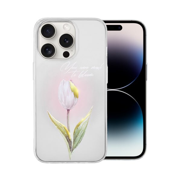 etui do iphone 14 pro, przeźroczyste, tulipan ze złotym zdobieniem i napisem