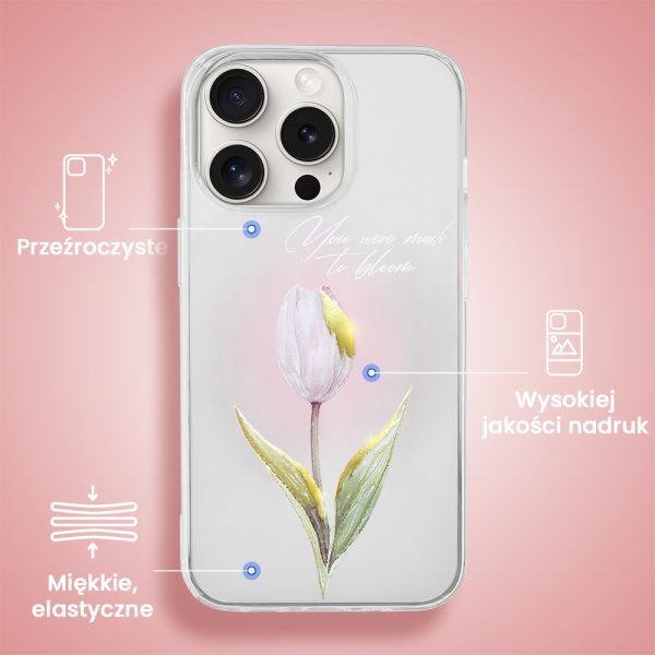 etui do iphone 14 pro, przeźroczyste, tulipan ze złotym zdobieniem i napisem