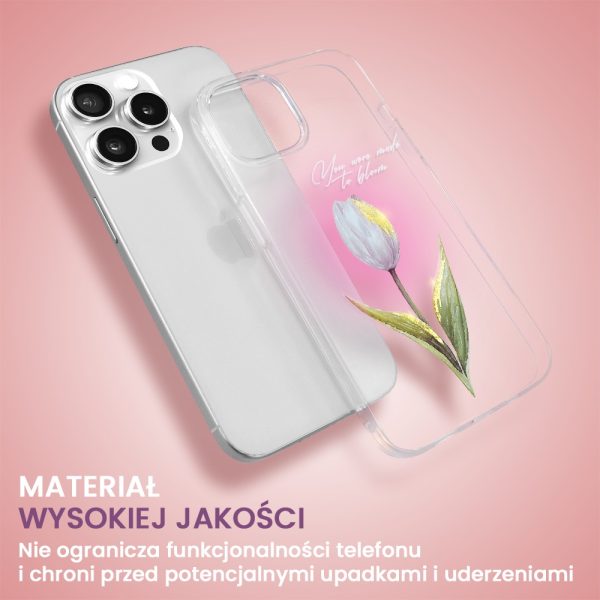 etui do iphone 14 pro, przeźroczyste, tulipan ze złotym zdobieniem i napisem