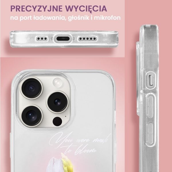 etui do iphone 14 pro, przeźroczyste, tulipan ze złotym zdobieniem i napisem