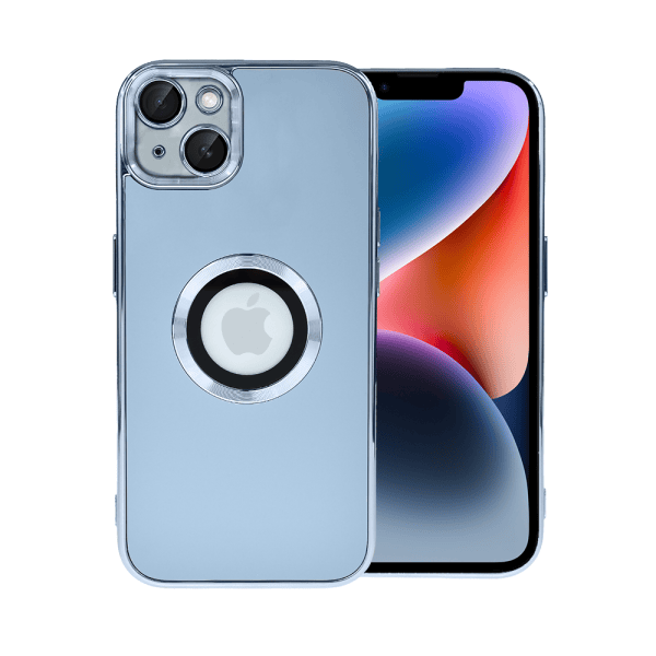etui do iphone 14 cienkie, eleganckie, z osłoną aparatu i widocznym logo, niebieskie