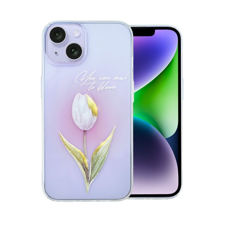 etui do iphone 14, przeźroczyste, tulipan ze złocistym zdobieniem i napisem