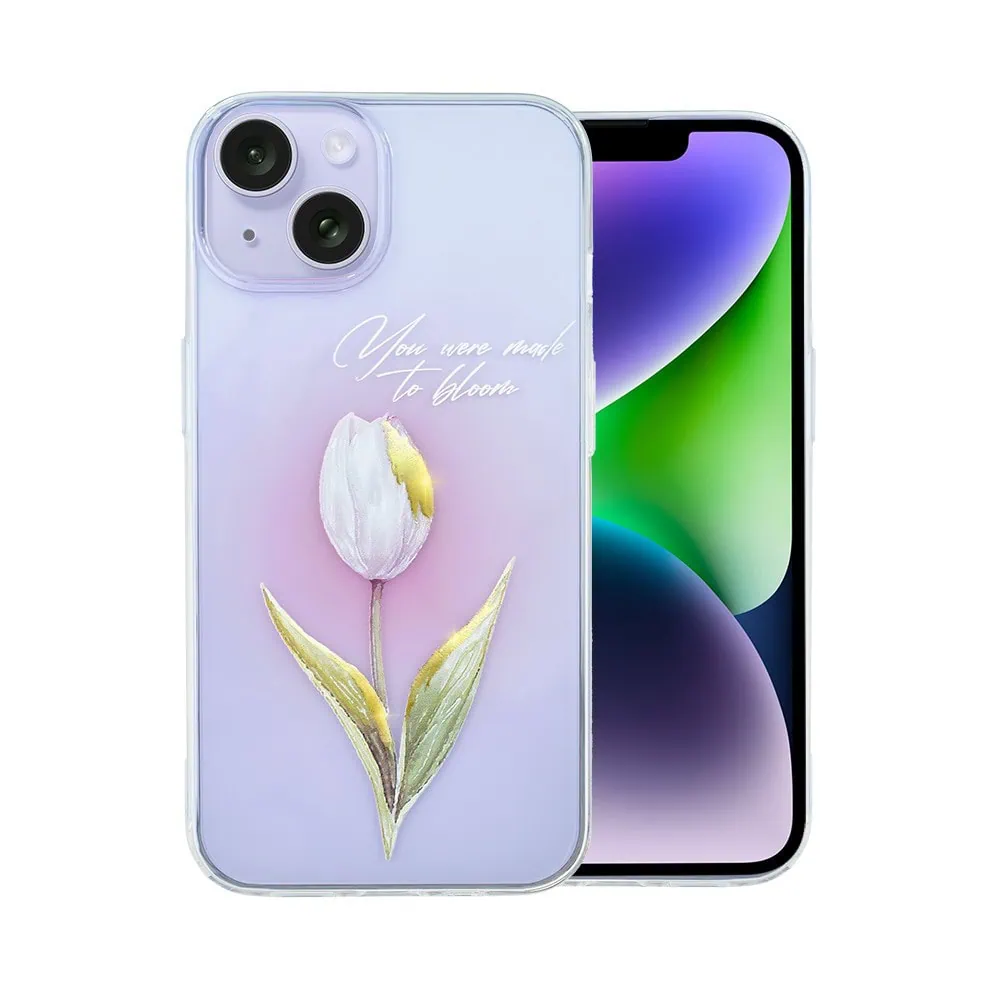 Etui do iPhone 14 Plus, przeźroczyste, tulipan ze złotym zdobieniem i napisem