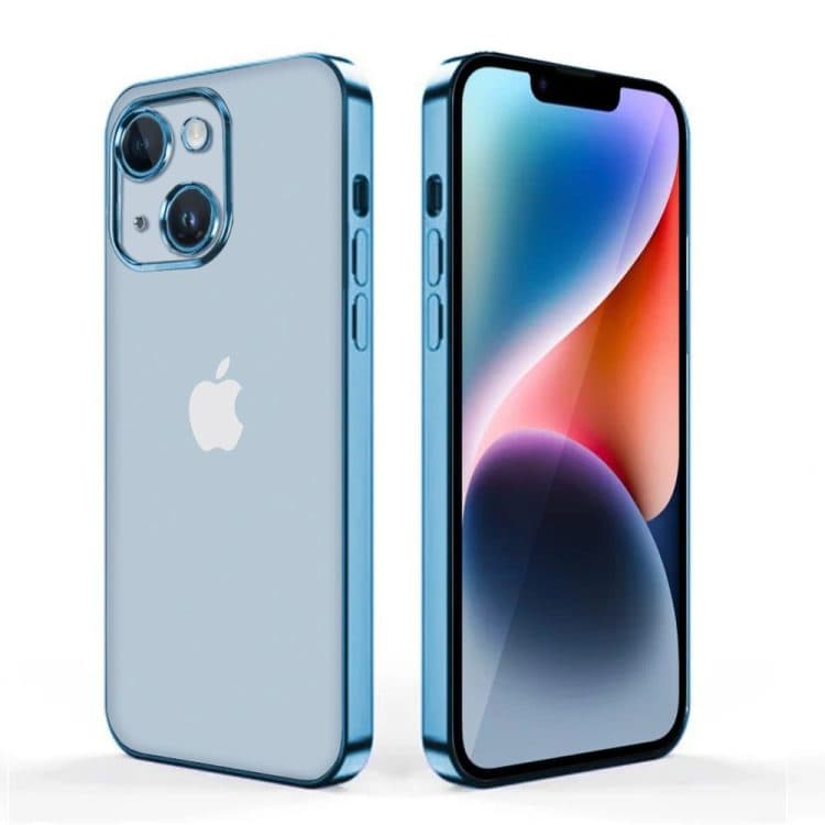 etui do iphone 14 slim blue z osłoną kamery, matowy tył, niebieska ramka