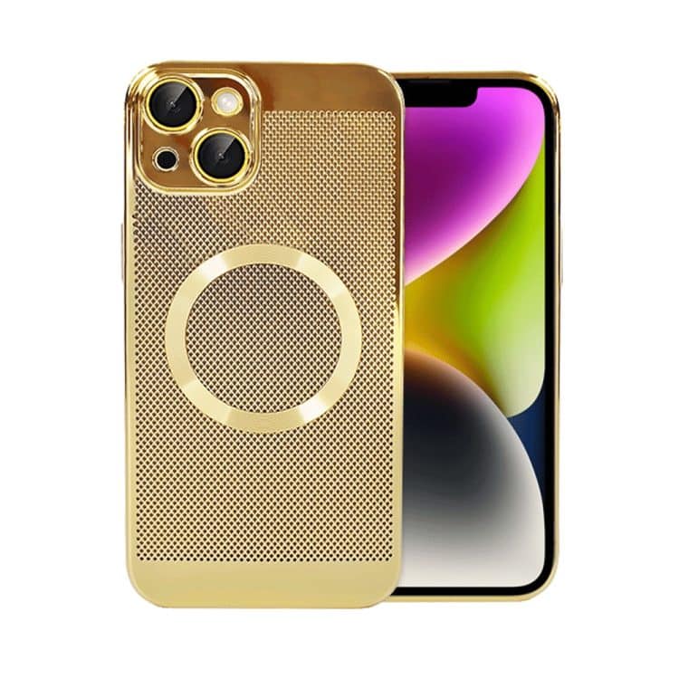 etui do iphone 14 z magsafe, cienkie, twarde, oddychające, z osłoną aparatu, złote