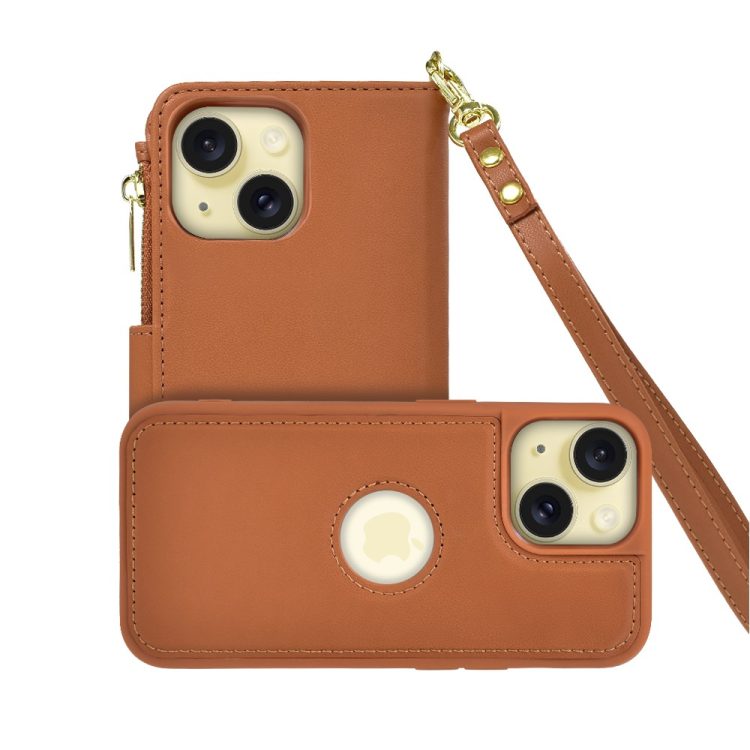 etui do iphone 15 plus 2w1 magsafe double wallet, zestaw etui oraz kabura ze smyczą, brązowe