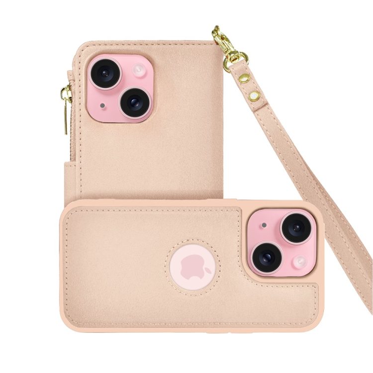 etui do iphone 15 plus 2w1 magsafe double wallet, zestaw etui oraz kabura ze smyczą, różowe