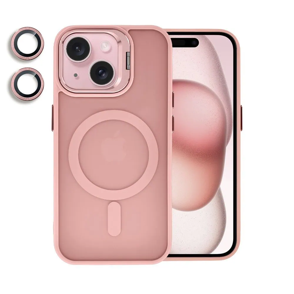 etui do iphone 15 plus arctic stand, półprzeźroczyste, z osłoną aparatu i podstawką, różowe