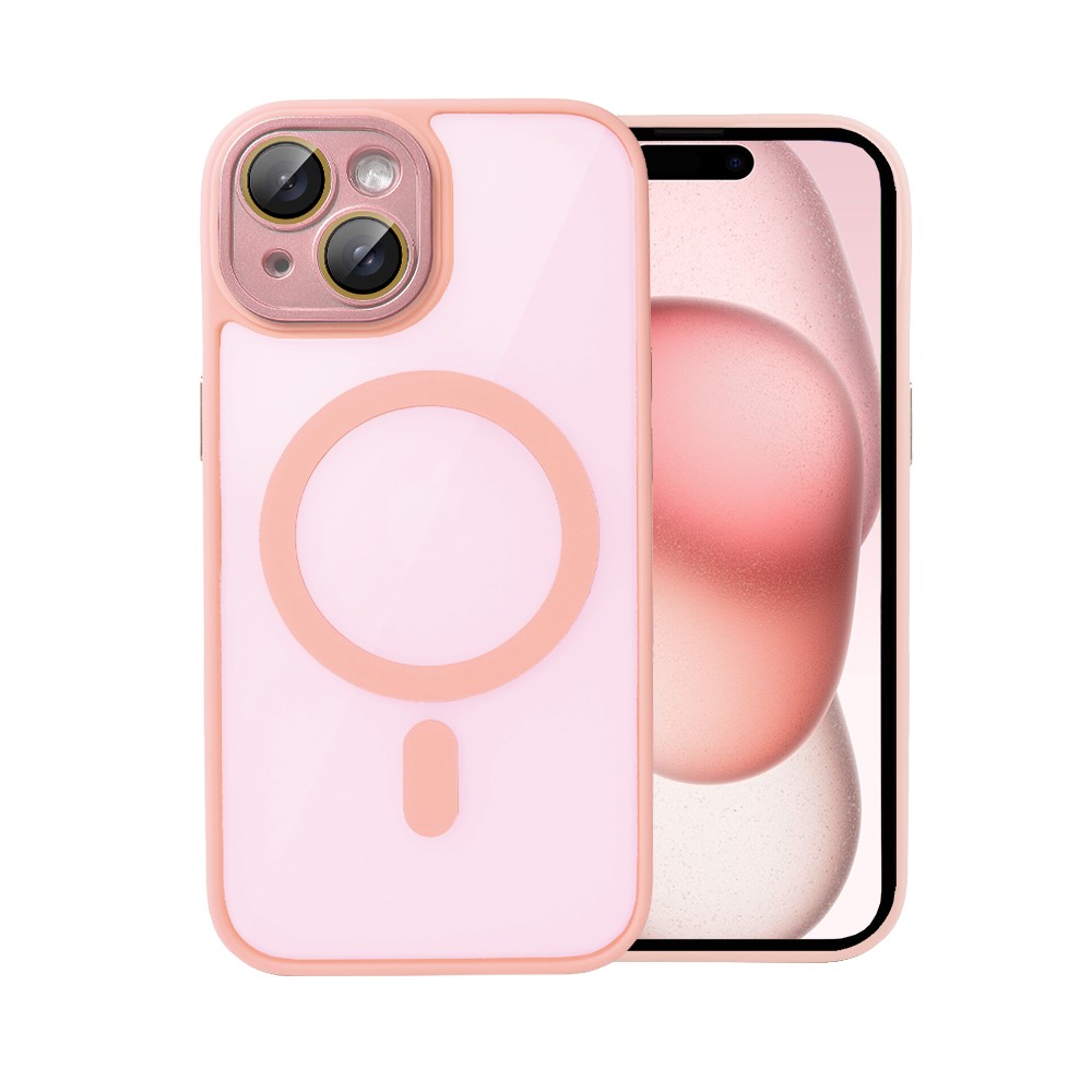 etui do iphone 15 magsafe clear color cienkie z kolorową ramką i ochroną aparatu, piaskowy róż