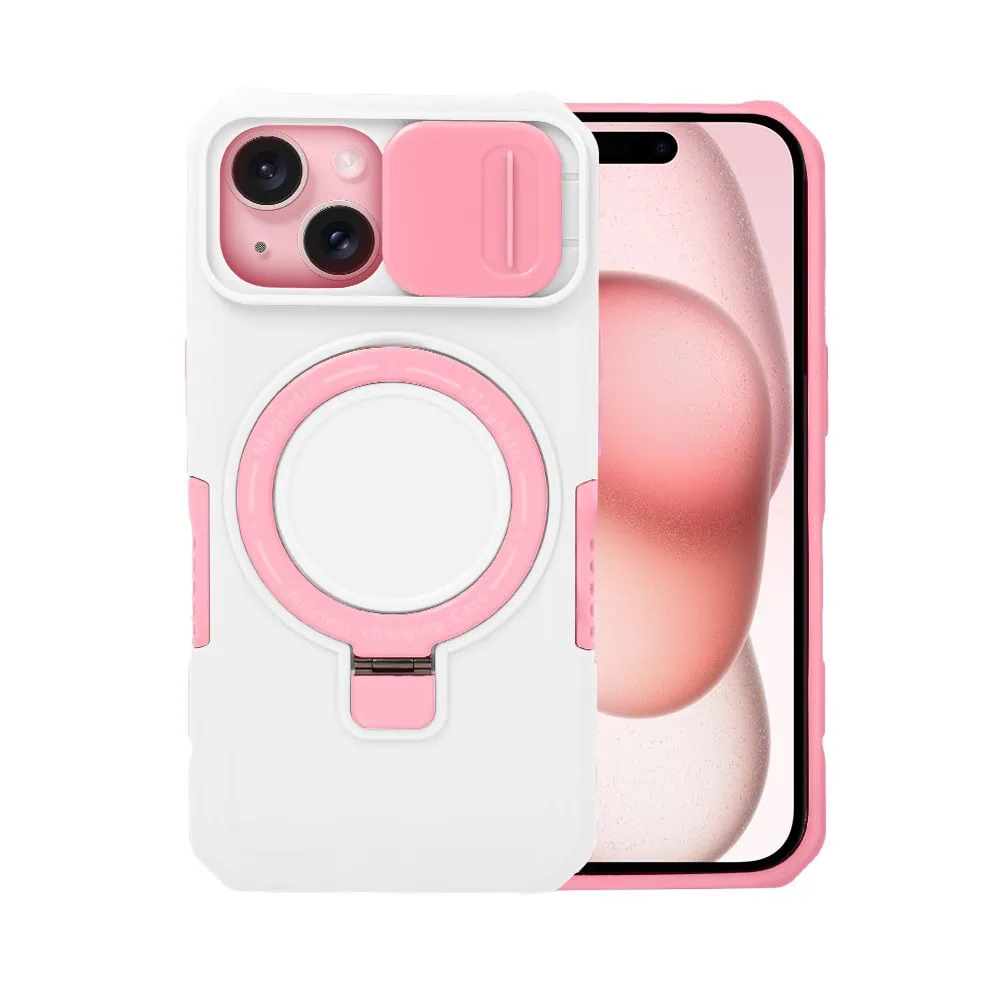 etui do iphone 15 plus magsafe slide camera stand pancerne, osłona kamery z podstawką, biało różowe