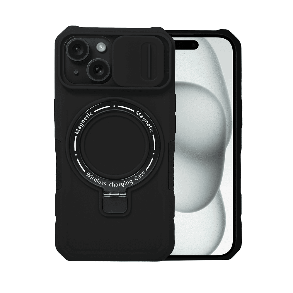 Etui do iPhone 15 Magsafe Slide Camera Stand pancerne, osłona kamery z podstawką, czarne