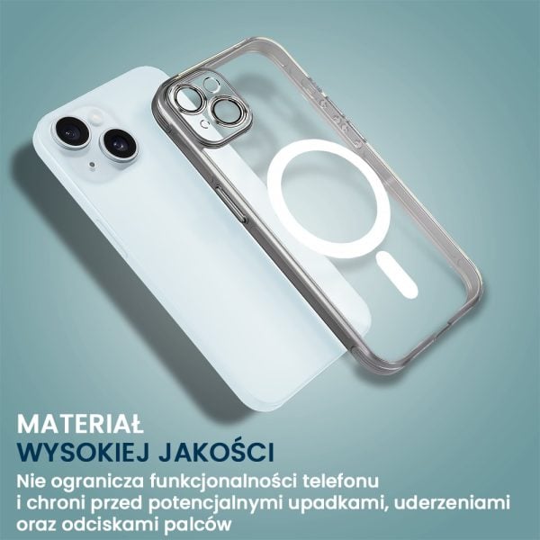 etui do iphone 15 plus cienkie, wzmocnione, z ochroną anti shock oraz głośników, srebrne