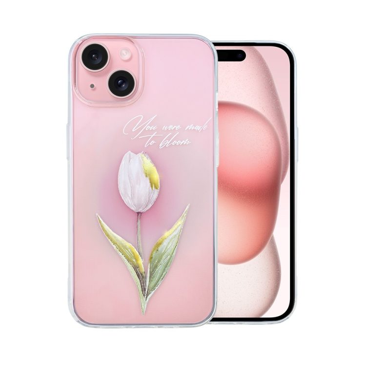 etui do iphone 15 plus, przeźroczyste, tulipan ze złocistym zdobieniem i napisem