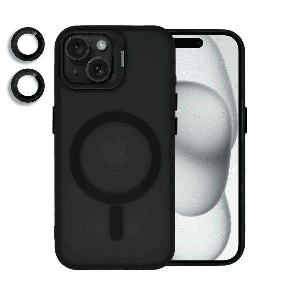 etui do iphone 15 plus arctic stand, półprzeżroczyste, z osłoną aparatu i podstawką, czarne