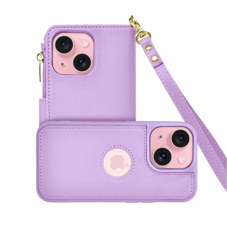 etui do iphone 15 2w1 magsafe double wallet, zestaw etui oraz kabura ze smyczą, fioletowe